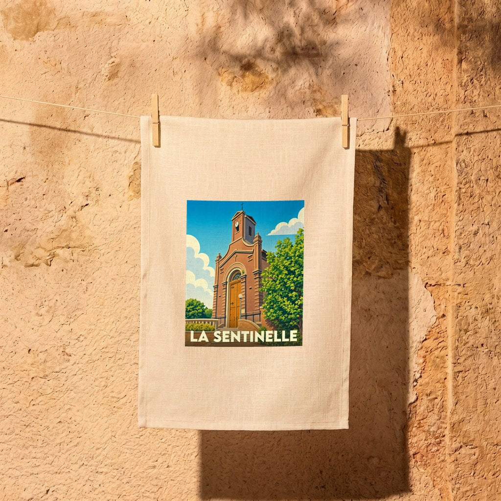 Torchon souvenir de la ville de La Sentinelle avec une illustration stylisée de son église.