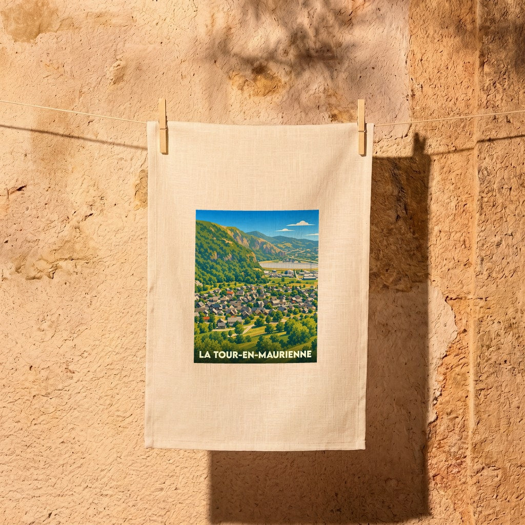 Torchon de cuisine souvenir de la ville de La Tour-en-Maurienne avec une illustration paysagère stylisée.