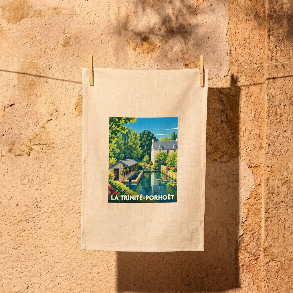 Torchon souvenir de la ville de La Trinité-Porhoët avec une illustration stylisée.