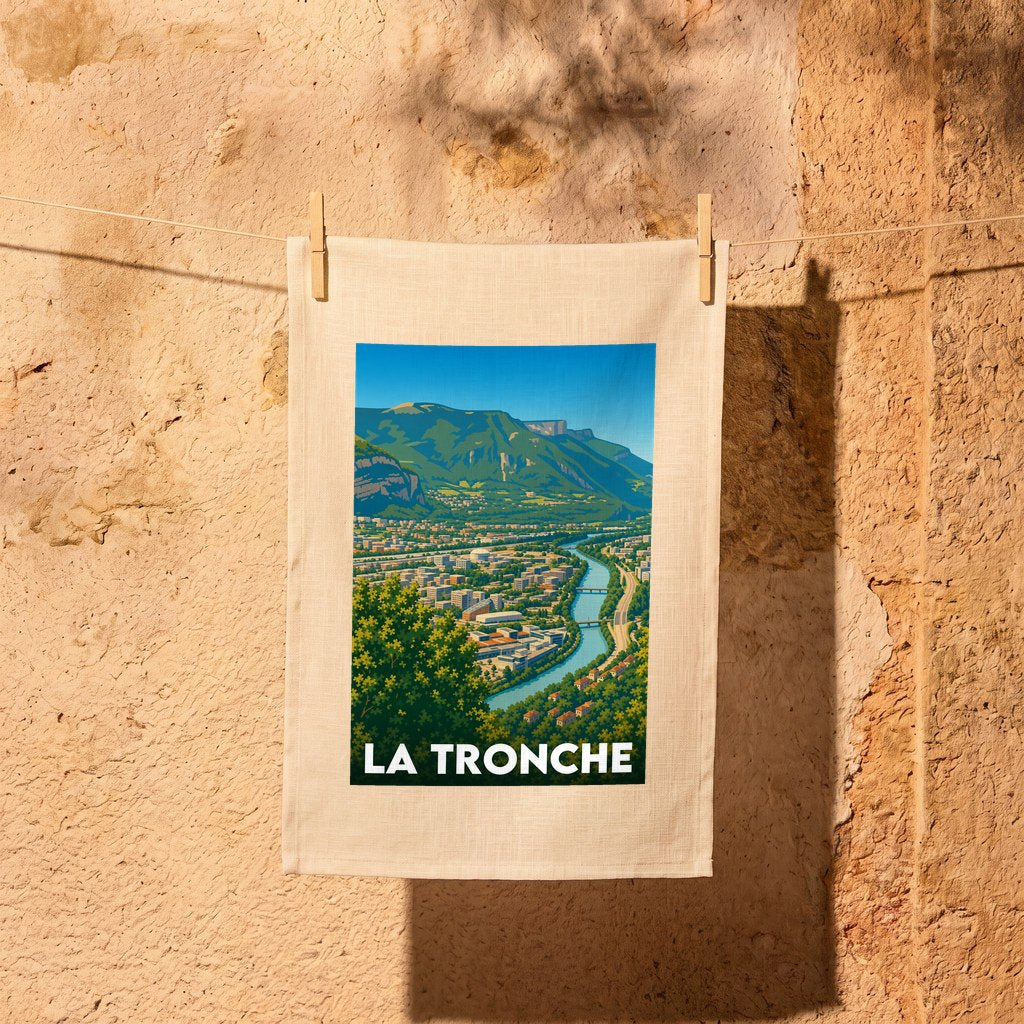 Torchon souvenir de la ville de La Tronche avec une illustration stylisée d'un paysage montagneux et d'une rivière.