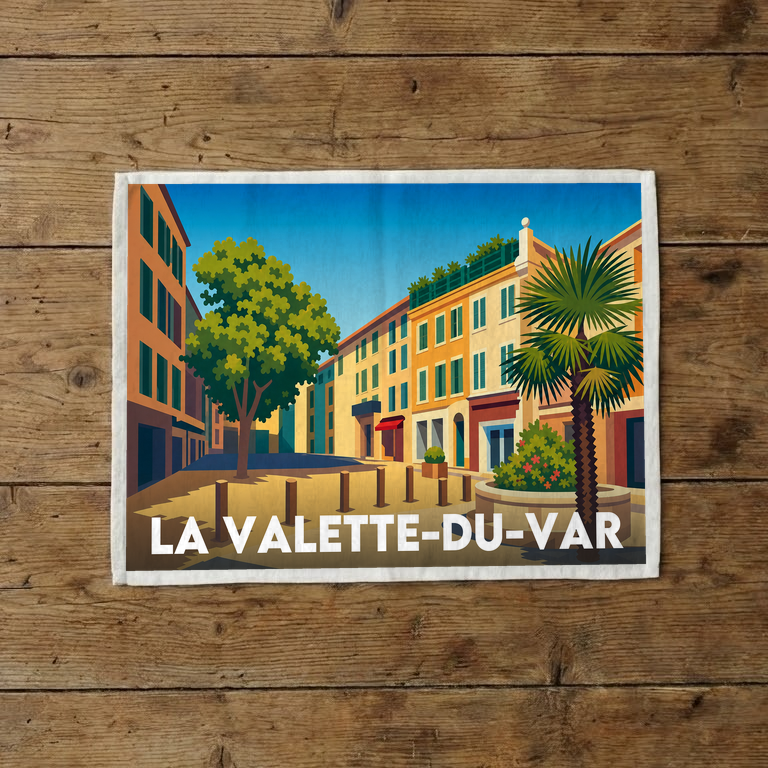 Torchon souvenir de la ville de La Valette-du-Var avec une illustration stylisée.