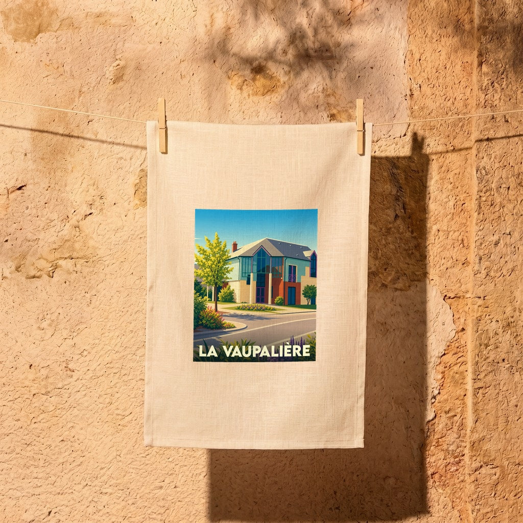 Torchon souvenir de la ville de La Vaupalière avec une illustration stylisée.