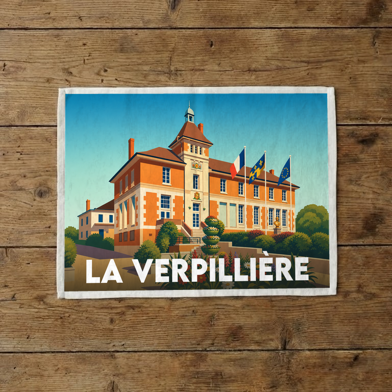 Torchon souvenir de la ville de La Verpillière avec une illustration stylisée de sa mairie.