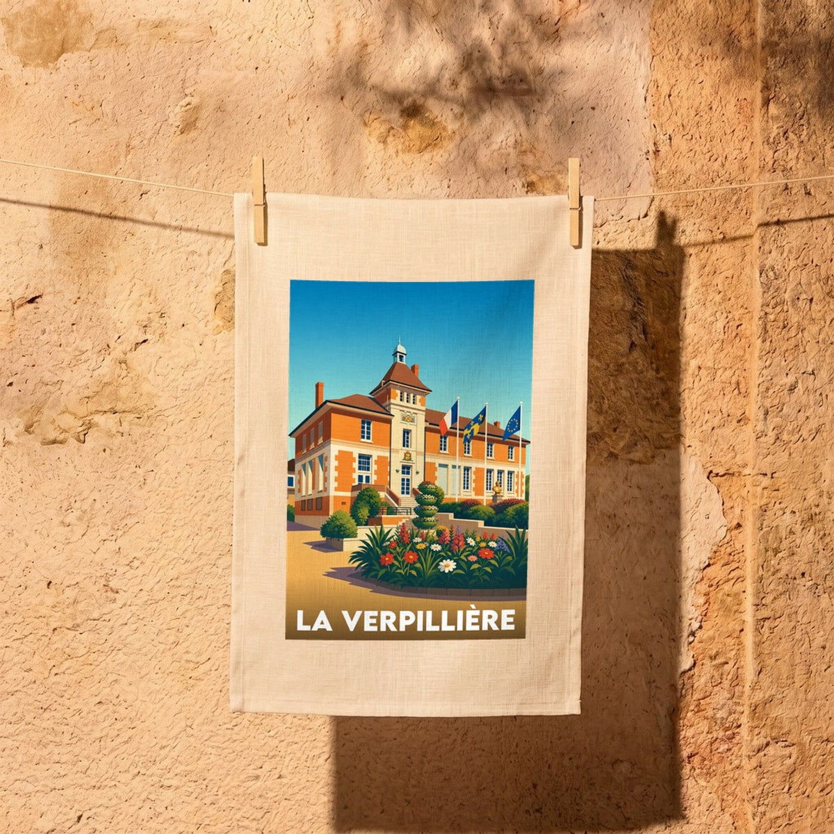 Torchon souvenir de la ville de La Verpillière avec une illustration stylisée de sa mairie.