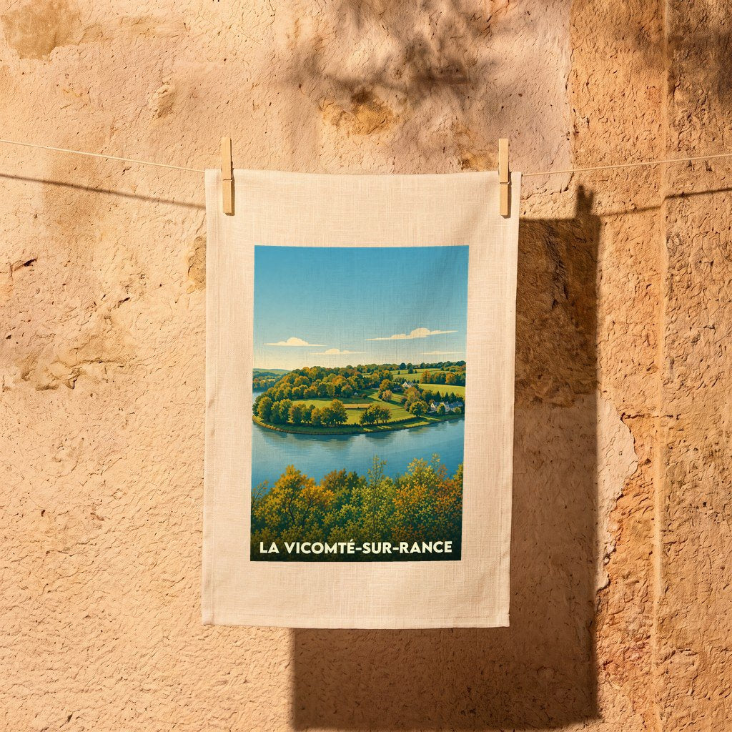 Torchon souvenir de la ville de La Vicomté-sur-Rance avec une illustration stylisée des bords de la Rance.