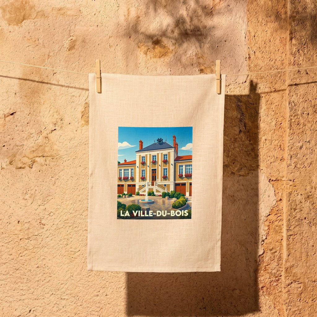 Torchon souvenir de La Ville-du-Bois arborant une illustration stylisée de son hôtel de ville.