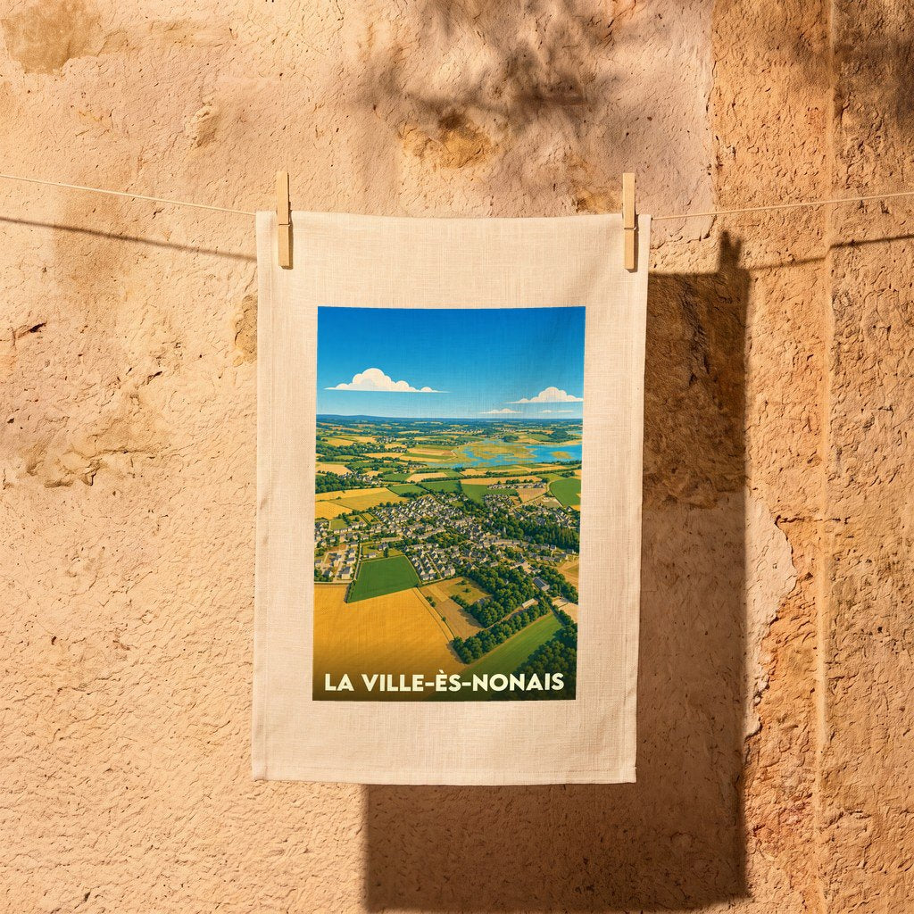 Torchon souvenir de la ville de La Ville-ès-Nonais avec une illustration aérienne et colorée de ses paysages.