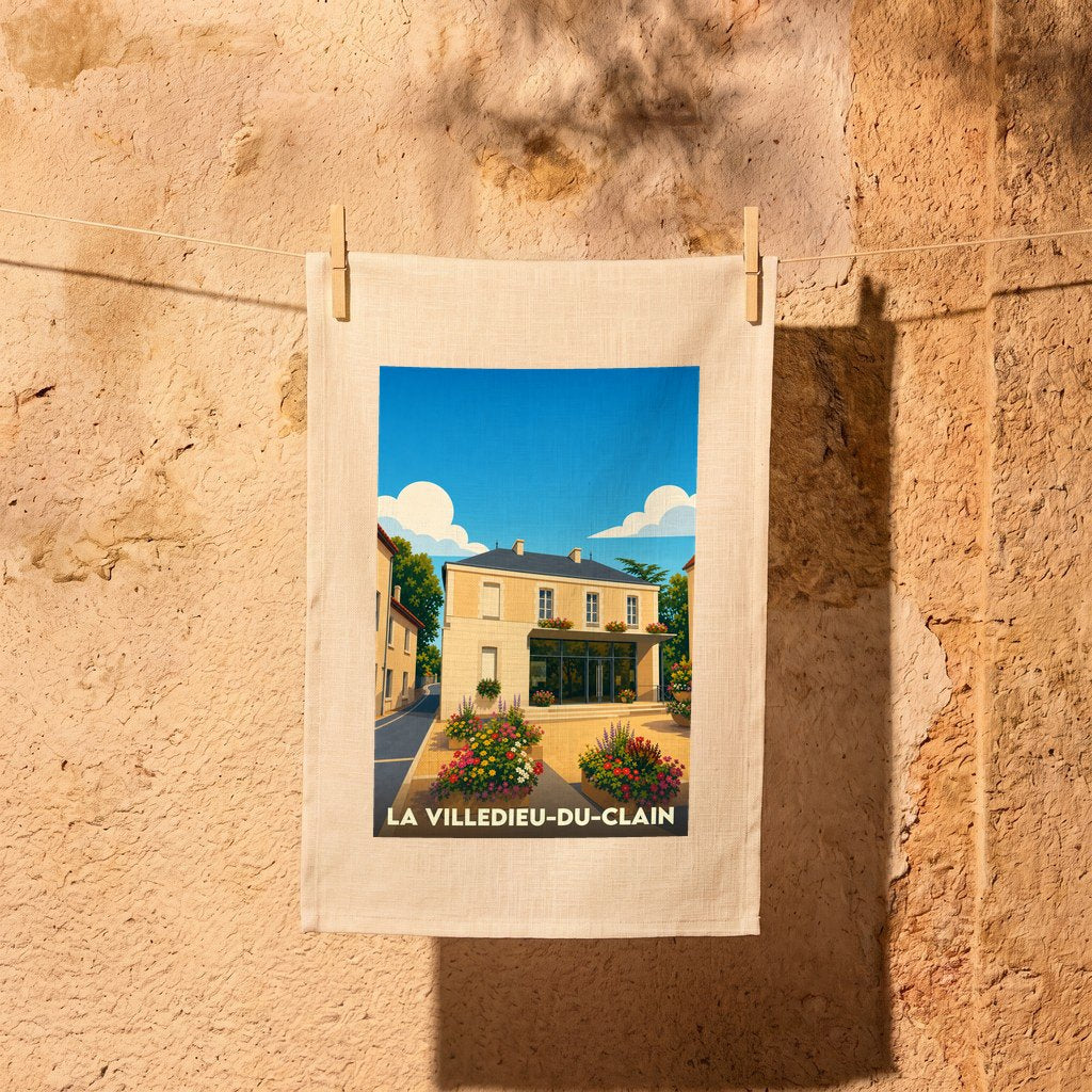 Torchon souvenir de la ville de La Villedieu-du-Clain orné d'une illustration stylisée de sa mairie fleurie.