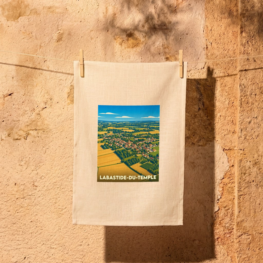 Torchon souvenir de Labastide-du-Temple illustré d'une vue aérienne stylisée du village et de ses champs.