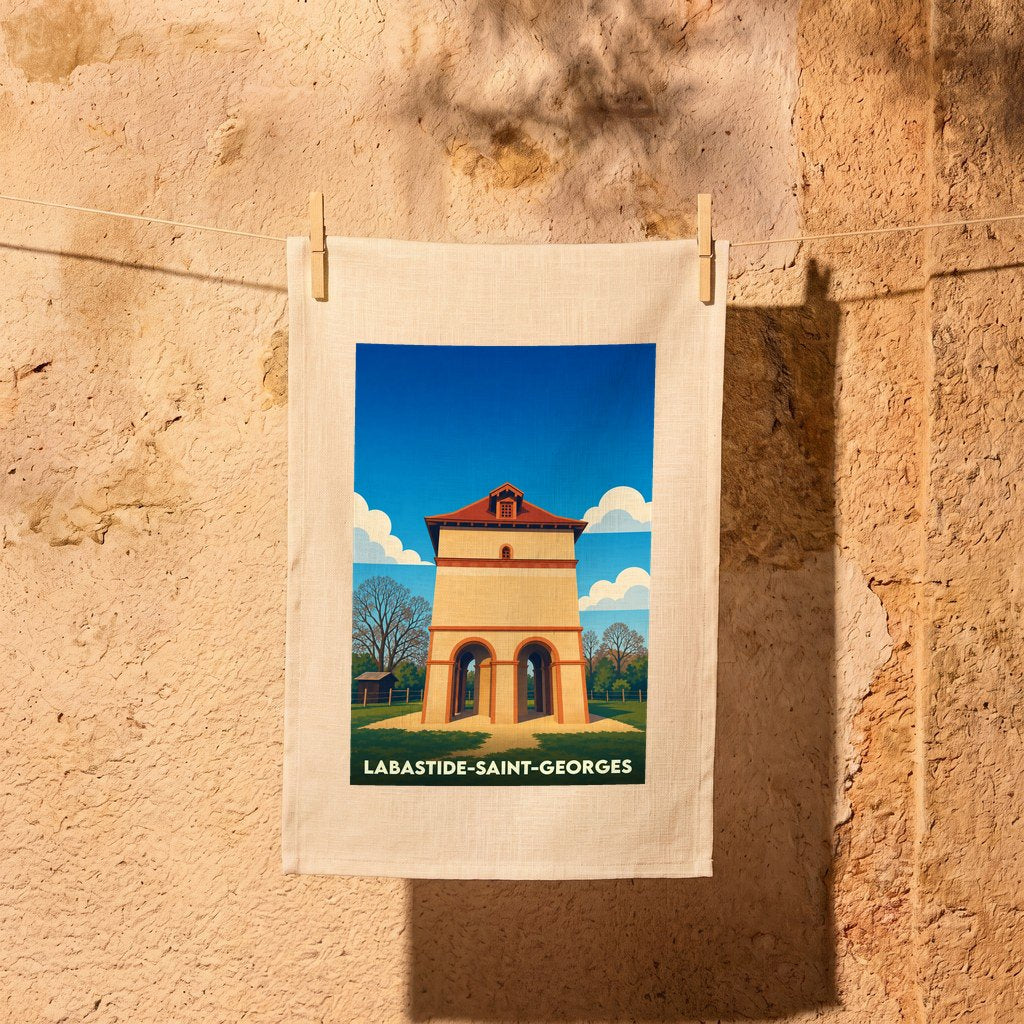 Torchon souvenir de Labastide-Saint-Georges avec une illustration stylisée d'un pigeonnier traditionnel.