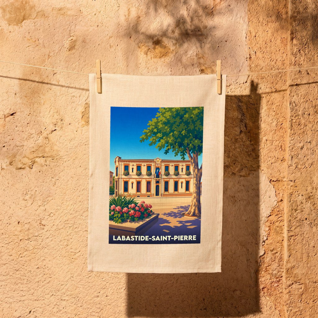 Torchon souvenir de la ville de Labastide-Saint-Pierre avec une illustration stylisée de sa mairie.