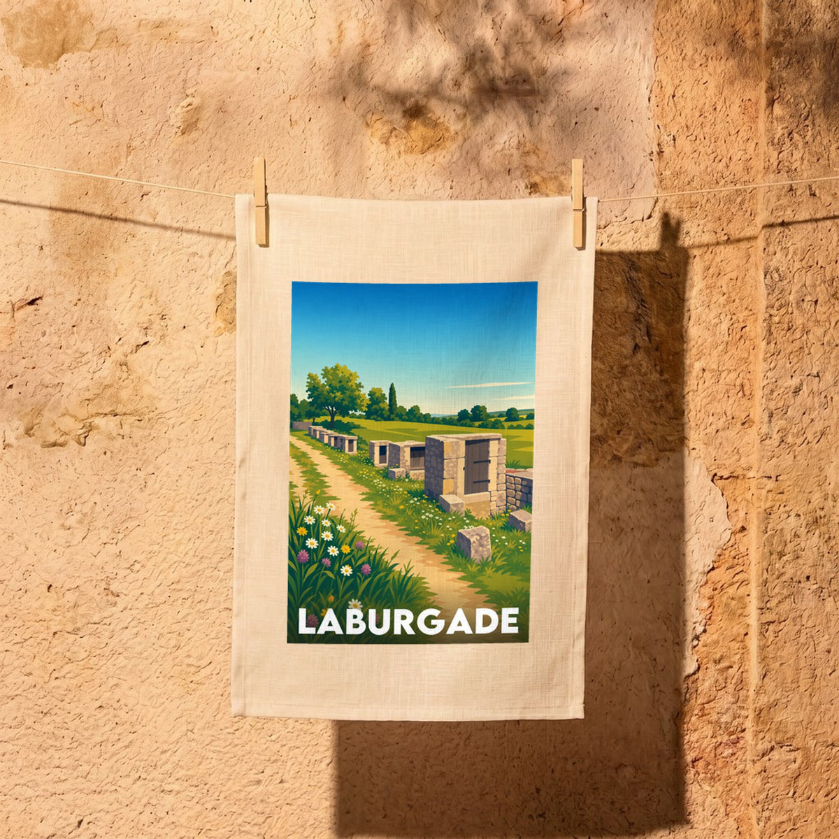 Torchon souvenir de la ville de Laburgade avec une illustration champêtre stylisée.