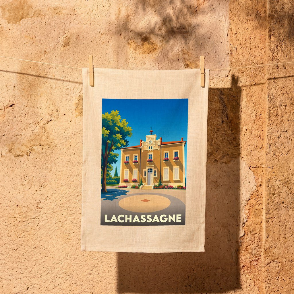 Torchon souvenir de la ville de Lachassagne avec une illustration stylisée de son architecture.