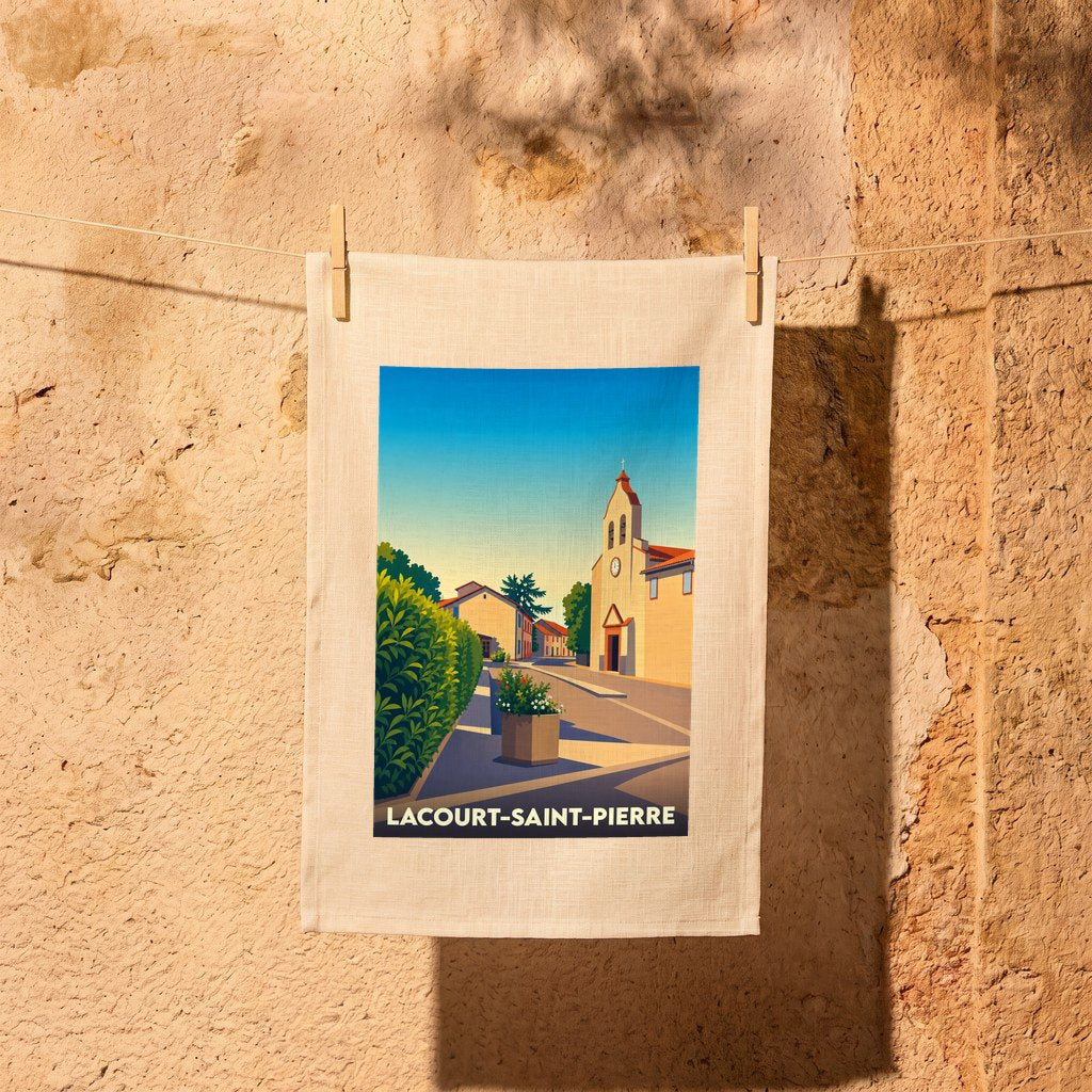 Torchon souvenir de la ville de Lacourt-Saint-Pierre avec une illustration stylisée.