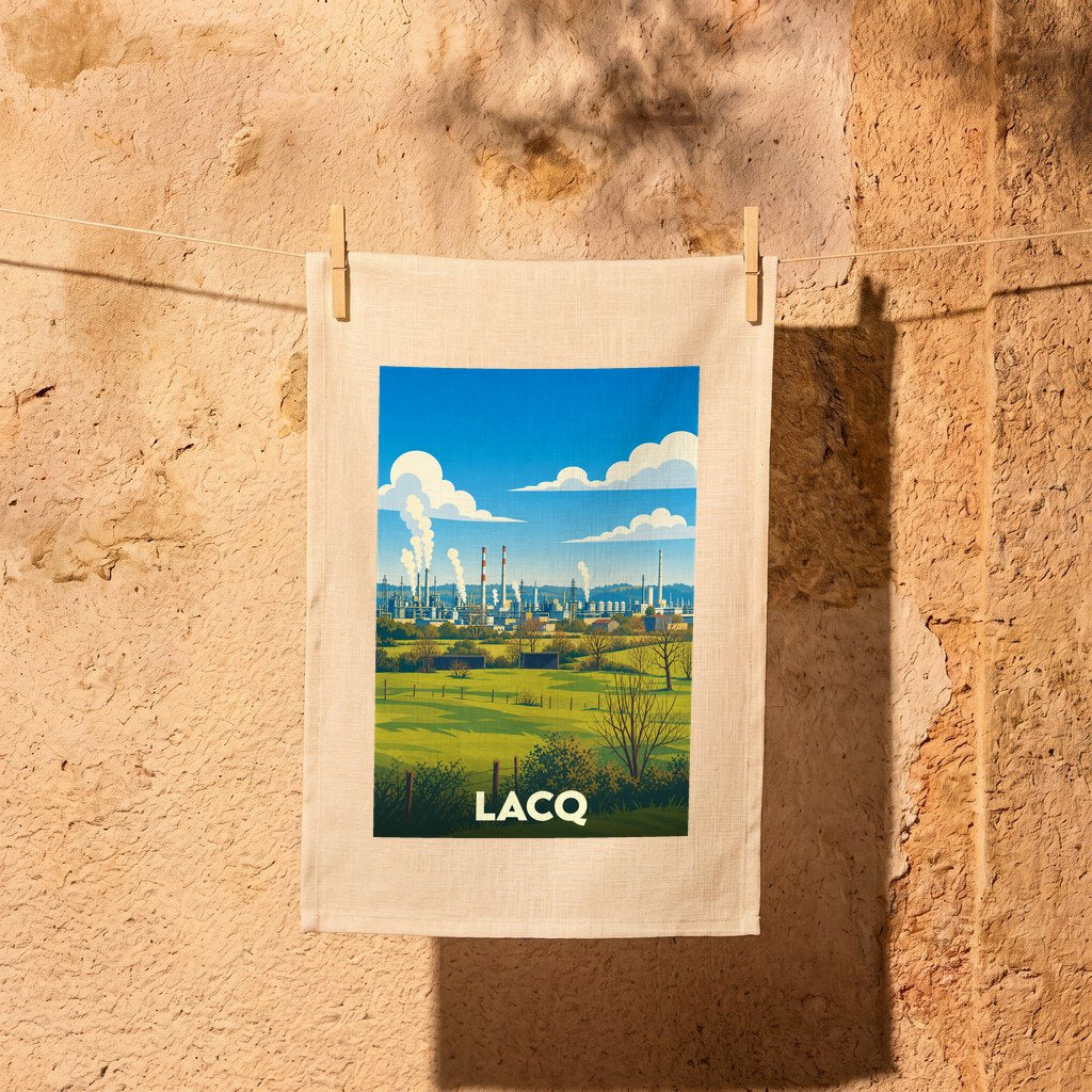 Torchon souvenir de la ville de Lacq avec une illustration stylisée d'un paysage industriel et verdoyant.
