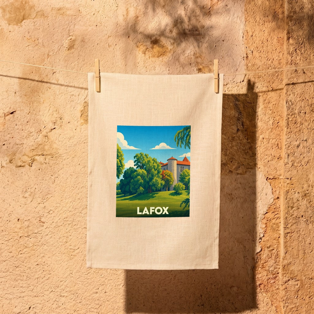Torchon souvenir de la ville de Lafox avec une illustration stylisée représentant son château et son paysage verdoyant.