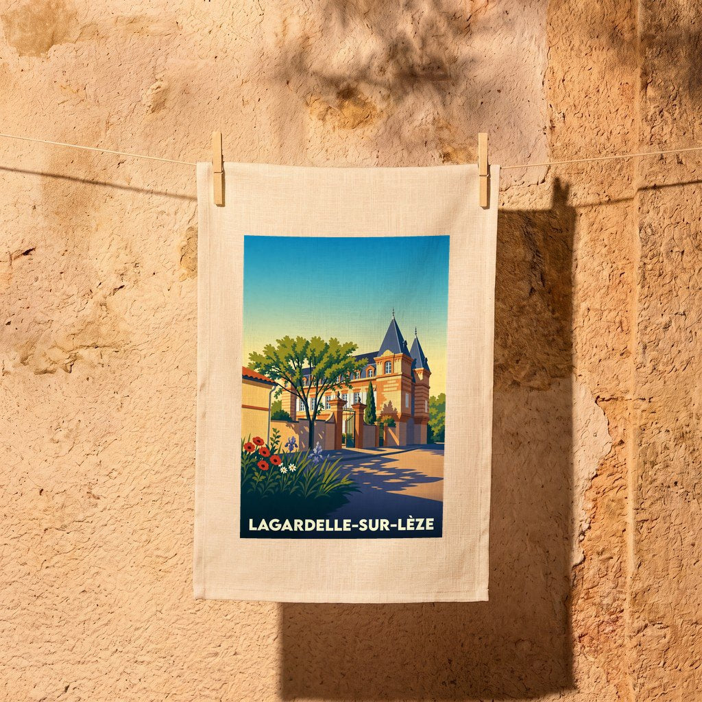 Torchon souvenir de la ville de Lagardelle-sur-Lèze avec une illustration stylisée de son patrimoine architectural.