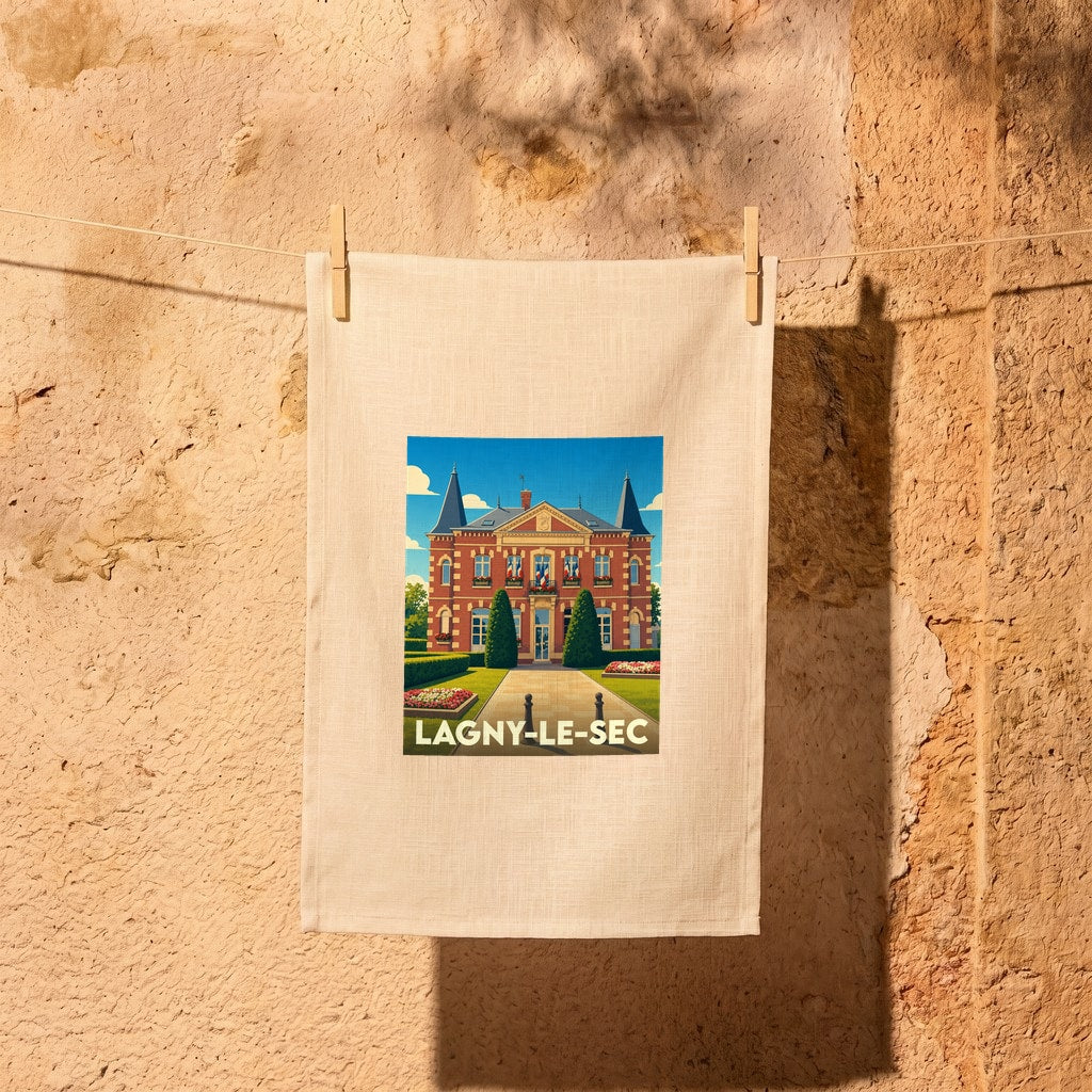 Torchon souvenir de la ville de Lagny-le-Sec orné d'une illustration stylisée de son hôtel de ville.
