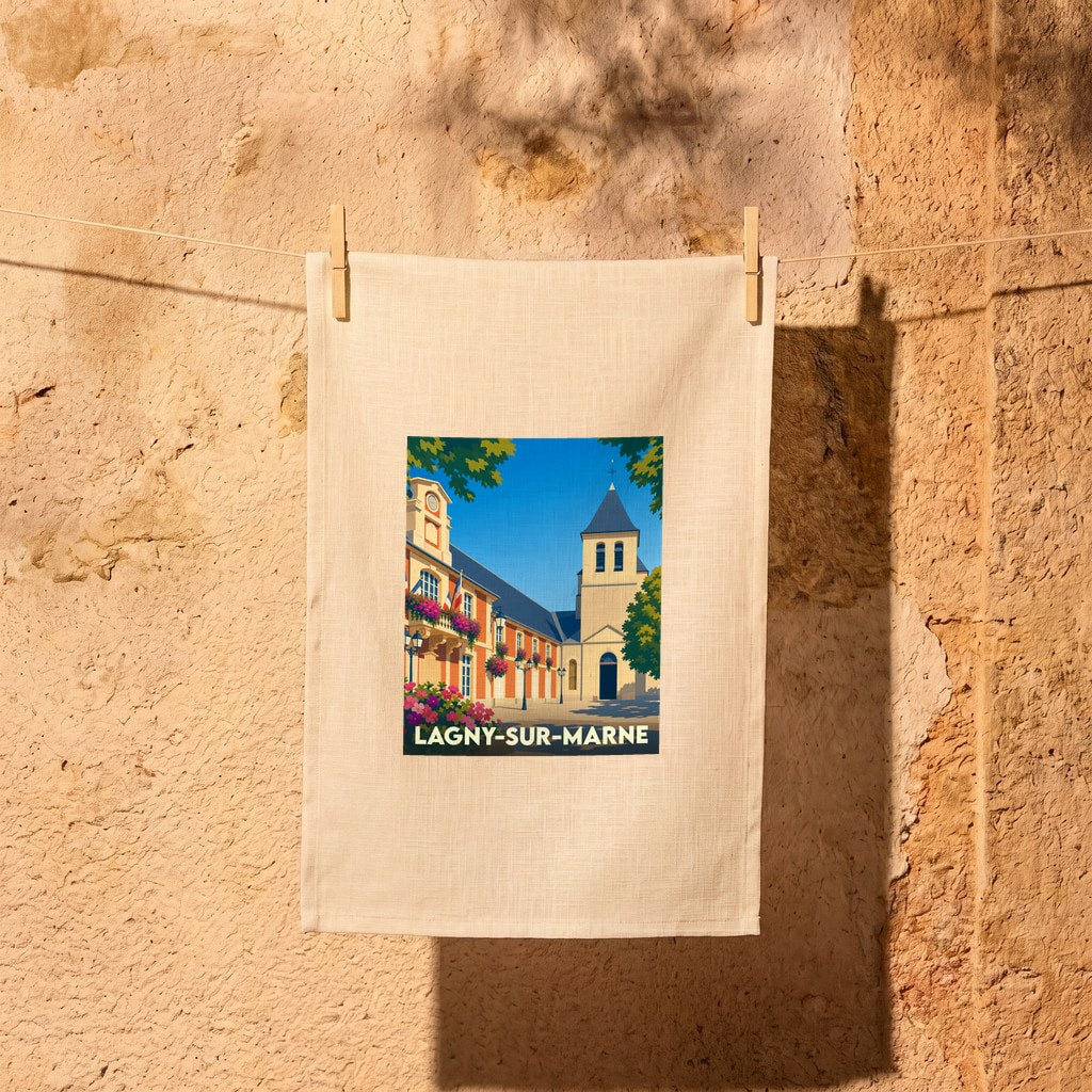 Torchon souvenir de la ville de Lagny-sur-Marne avec une illustration colorée et stylisée.