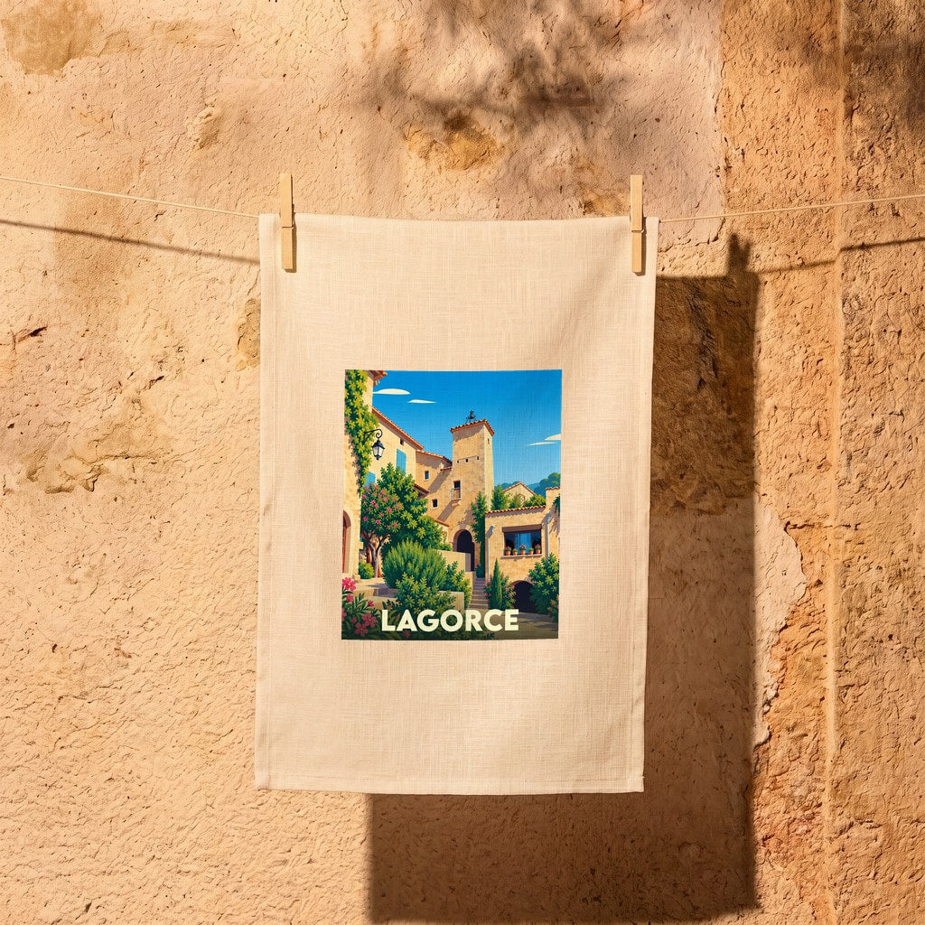Torchon souvenir de la ville de Lagorce avec une illustration colorée et stylisée d'un village provençal.