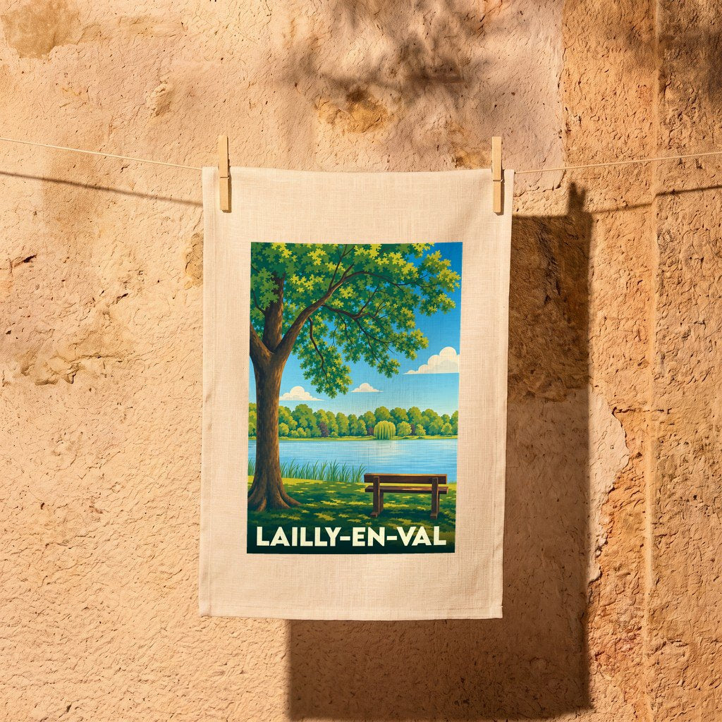 Torchon souvenir de la ville de Lailly-en-Val avec une illustration stylisée de son paysage.