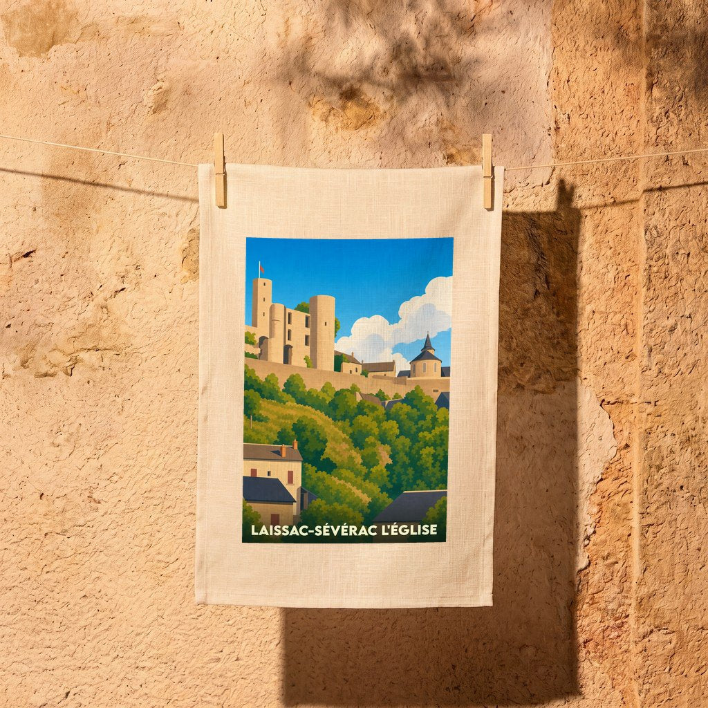Torchon souvenir de Laissac-Sévérac l'Église avec une illustration stylisée de son patrimoine médiéval.