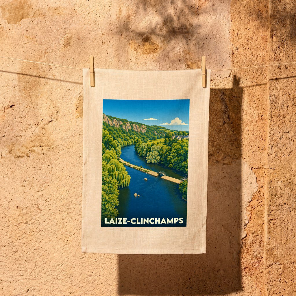 Torchon souvenir de la ville de Laize-Clinchamps avec une illustration stylisée de son paysage fluvial.