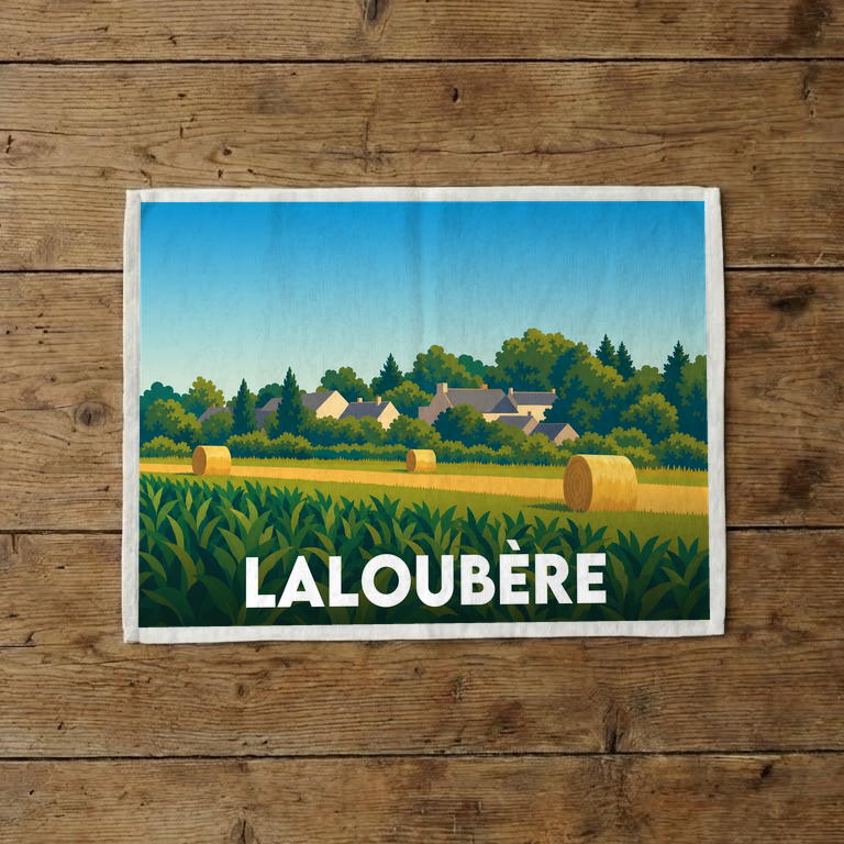 Torchon souvenir de la ville de Laloubère avec une illustration stylisée d'un paysage champêtre.