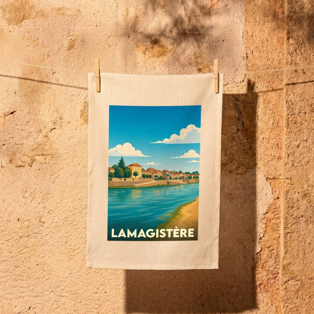 Torchon souvenir de la ville de Lamagistère avec une illustration stylisée d'un paysage de bord de rivière.