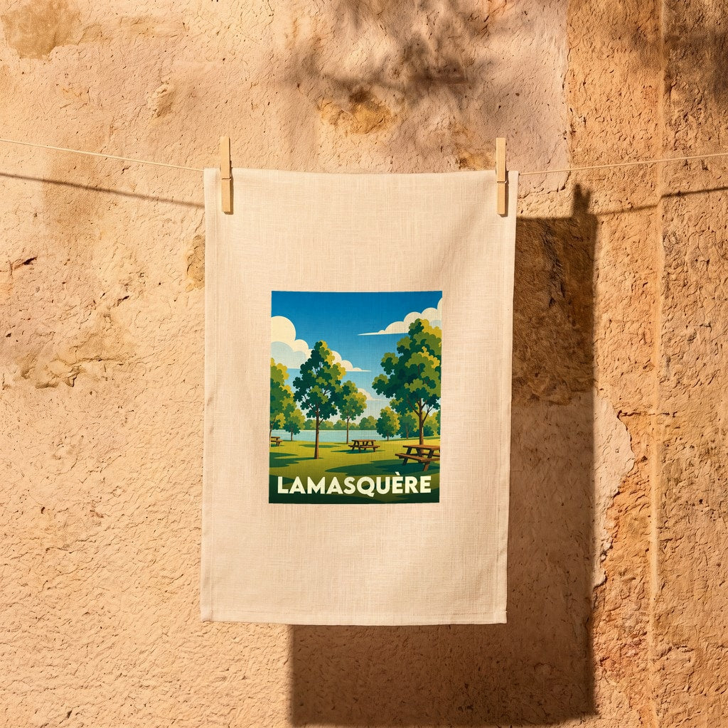 Torchon souvenir de la ville de Lamasquère avec une illustration stylisée d'un parc arboré.