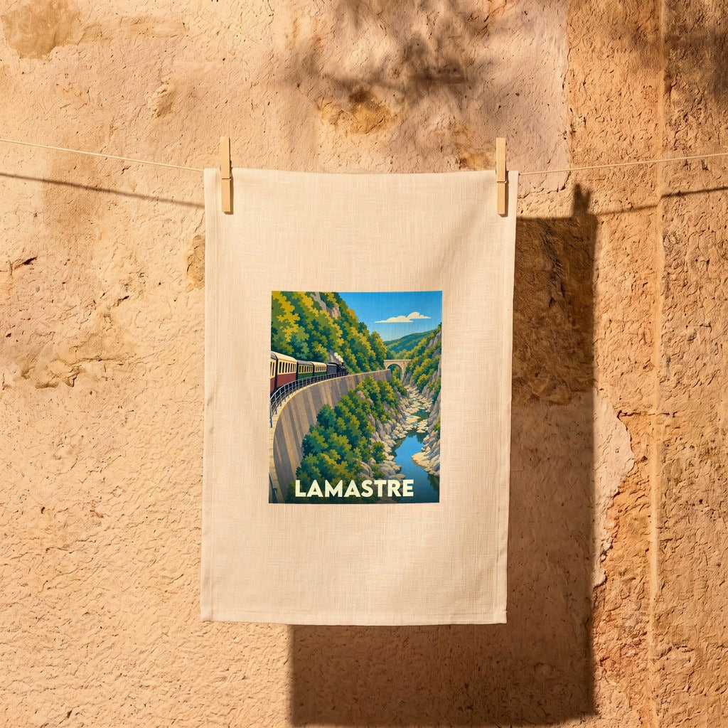 Torchon souvenir de la ville de Lamastre avec une illustration stylisée d'un train à vapeur dans les gorges du Doux.