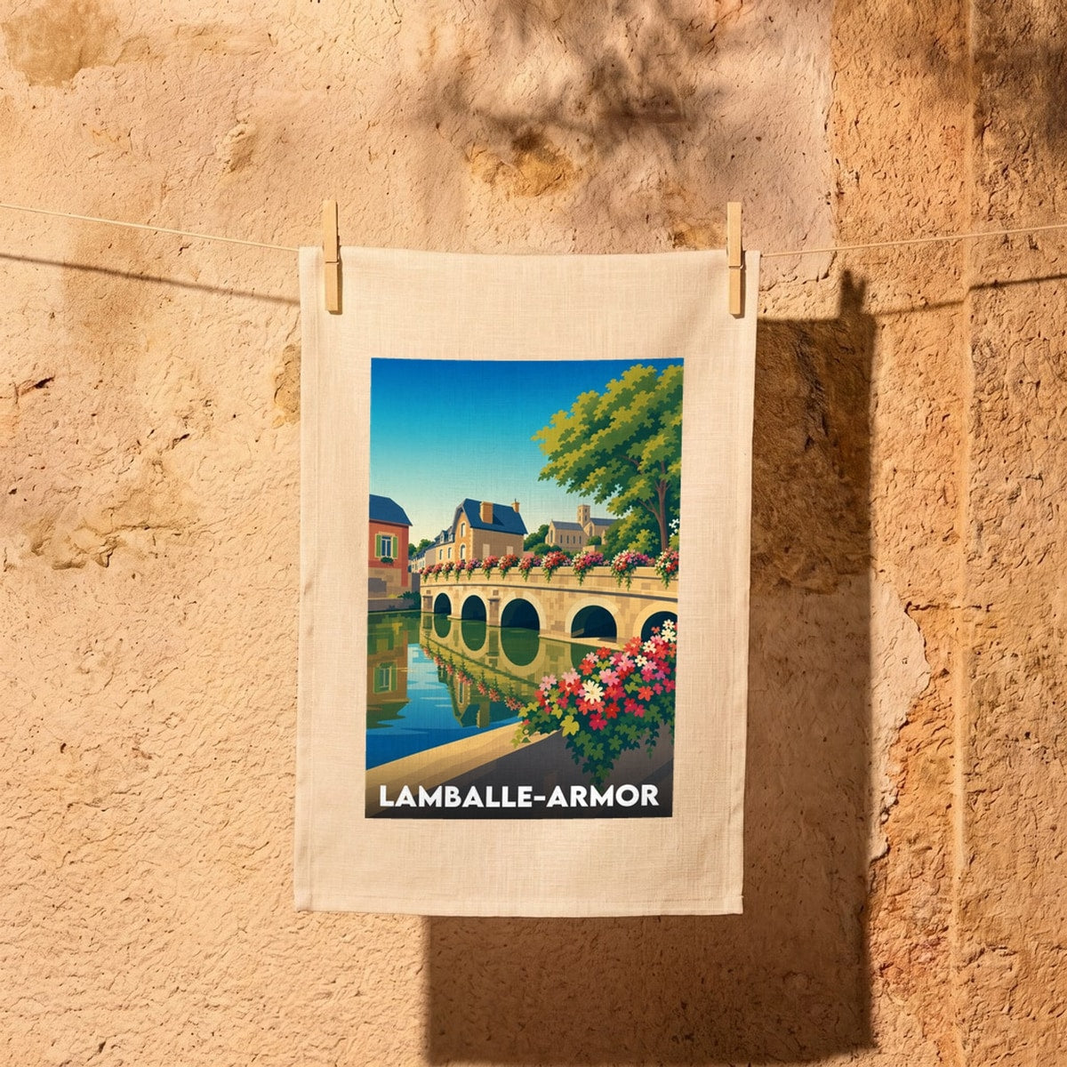 Torchon souvenir de la ville de Lamballe-Armor avec une illustration stylisée d'un pont fleuri.
