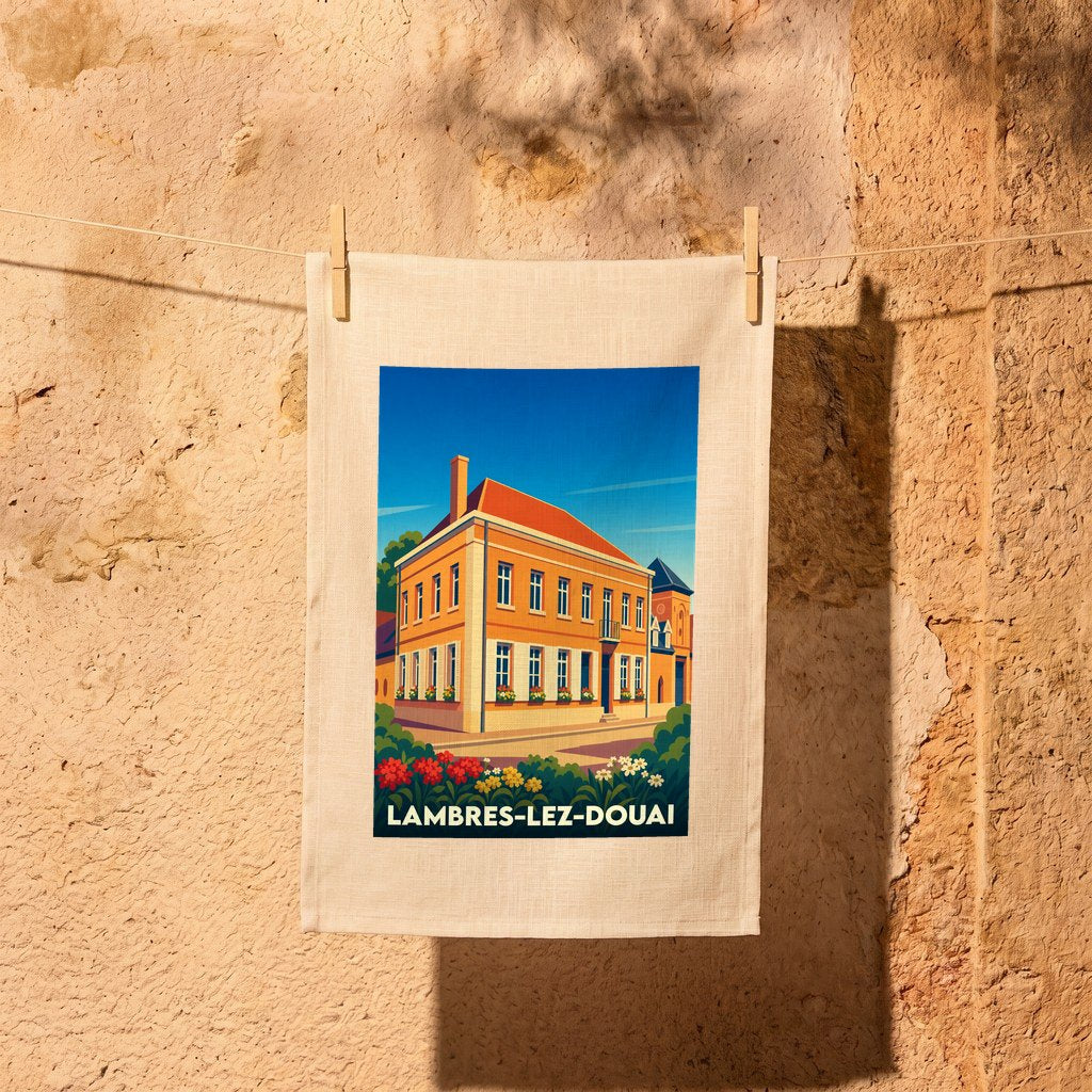 Torchon souvenir de la ville de Lambres-lez-Douai avec une illustration stylisée d'un bâtiment historique.