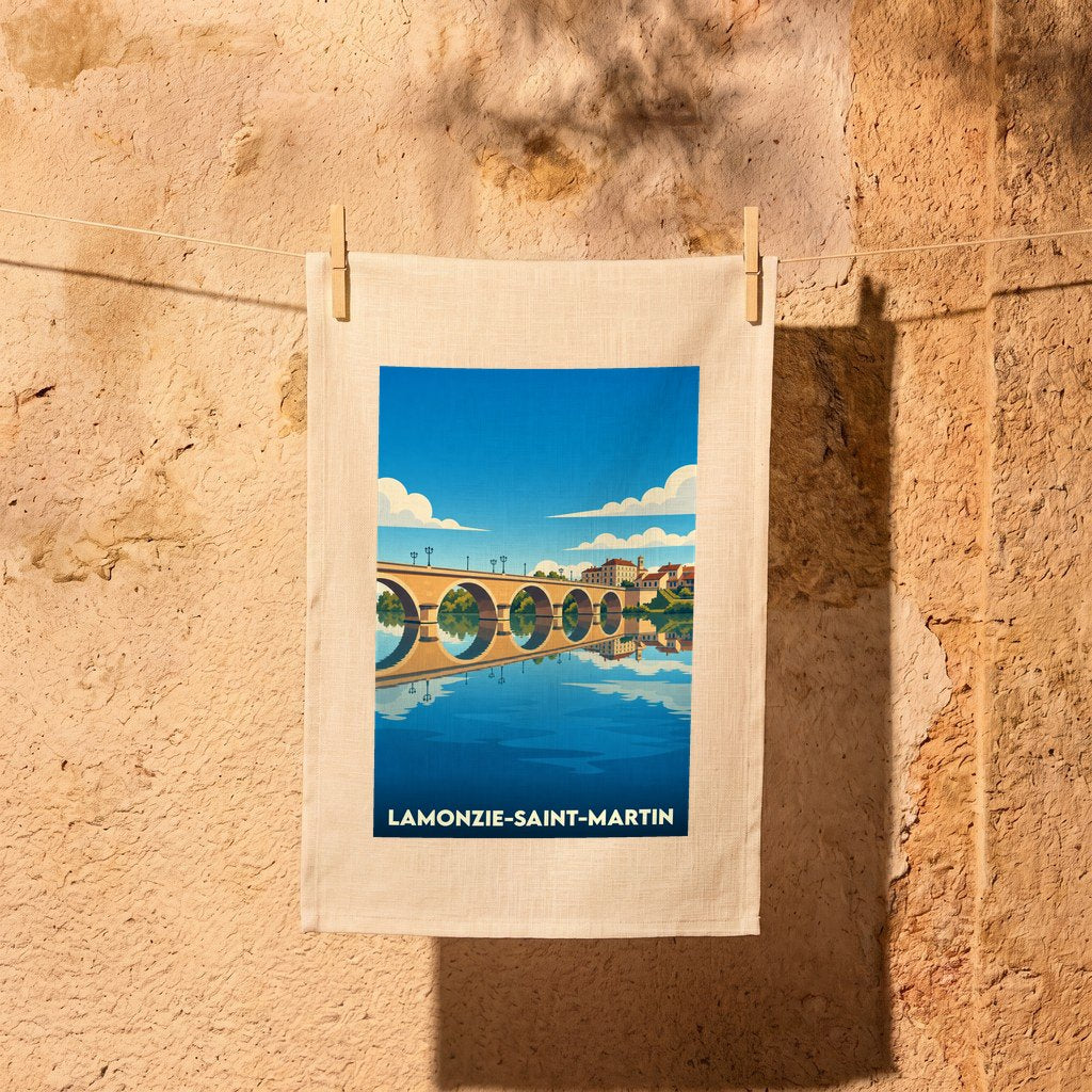 Torchon souvenir de Lamonzie-Saint-Martin arborant une illustration stylisée de son pont se reflétant dans l'eau.