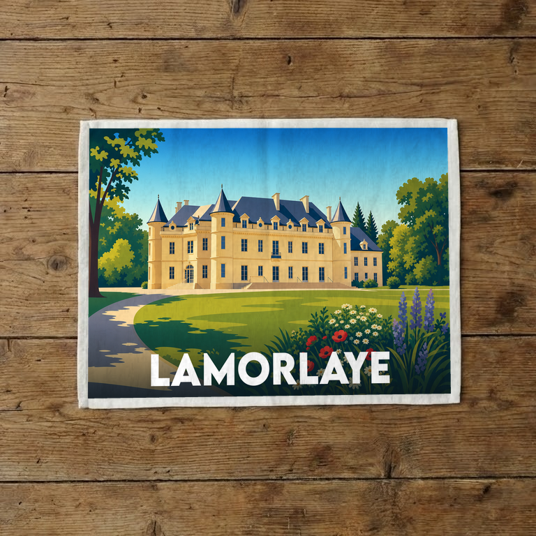 Torchon souvenir de la ville de Lamorlaye orné d'une illustration stylisée de son château.