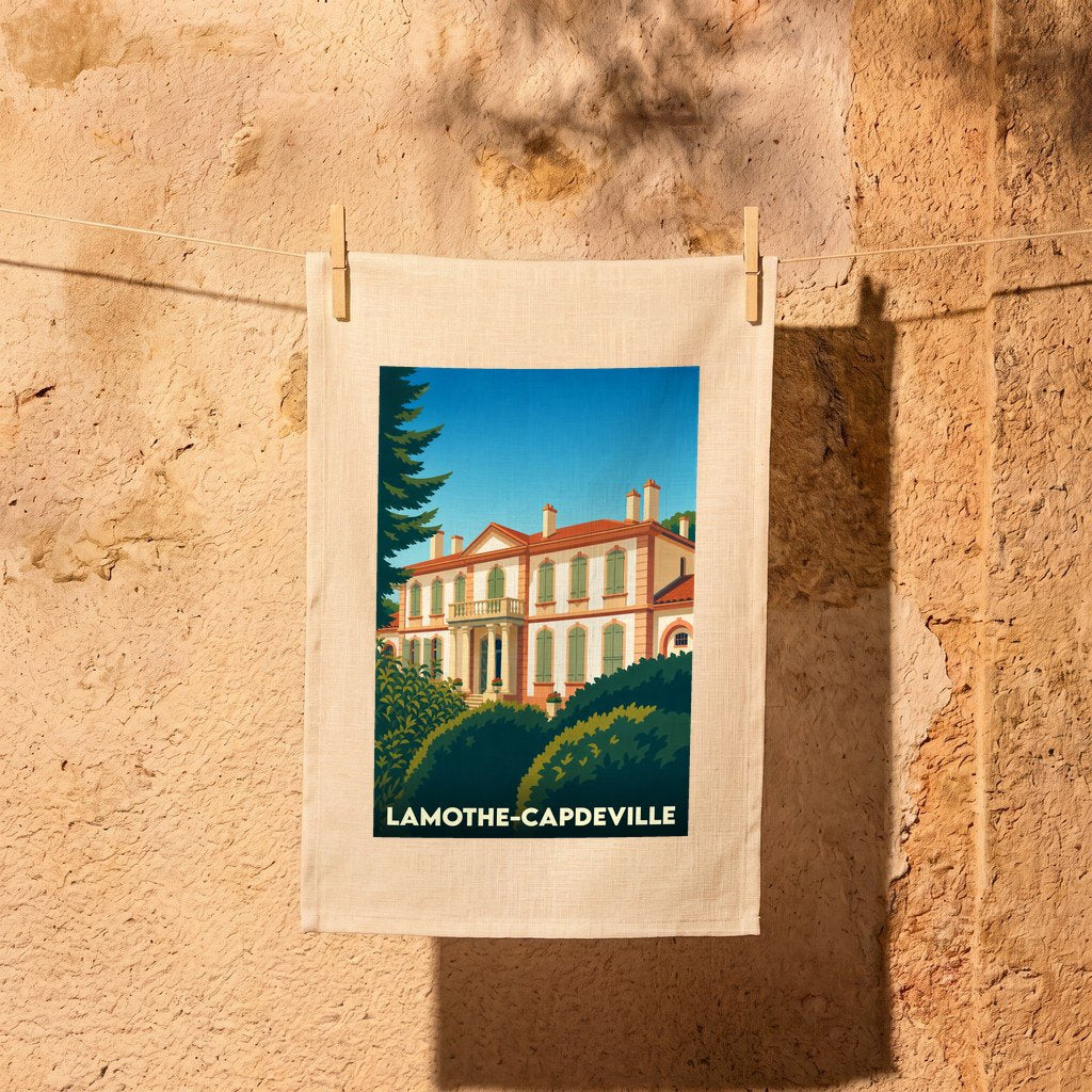 Torchon souvenir de la ville de Lamothe-Capdeville avec une illustration stylisée d'une demeure historique.