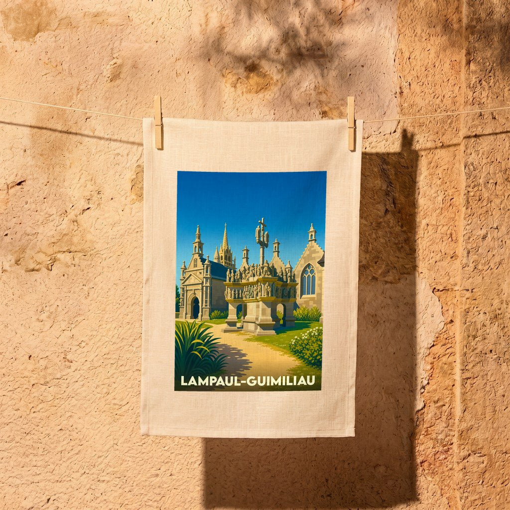 Torchon souvenir de la ville de Lampaul-Guimiliau illustrant son enclos paroissial dans un style vintage.