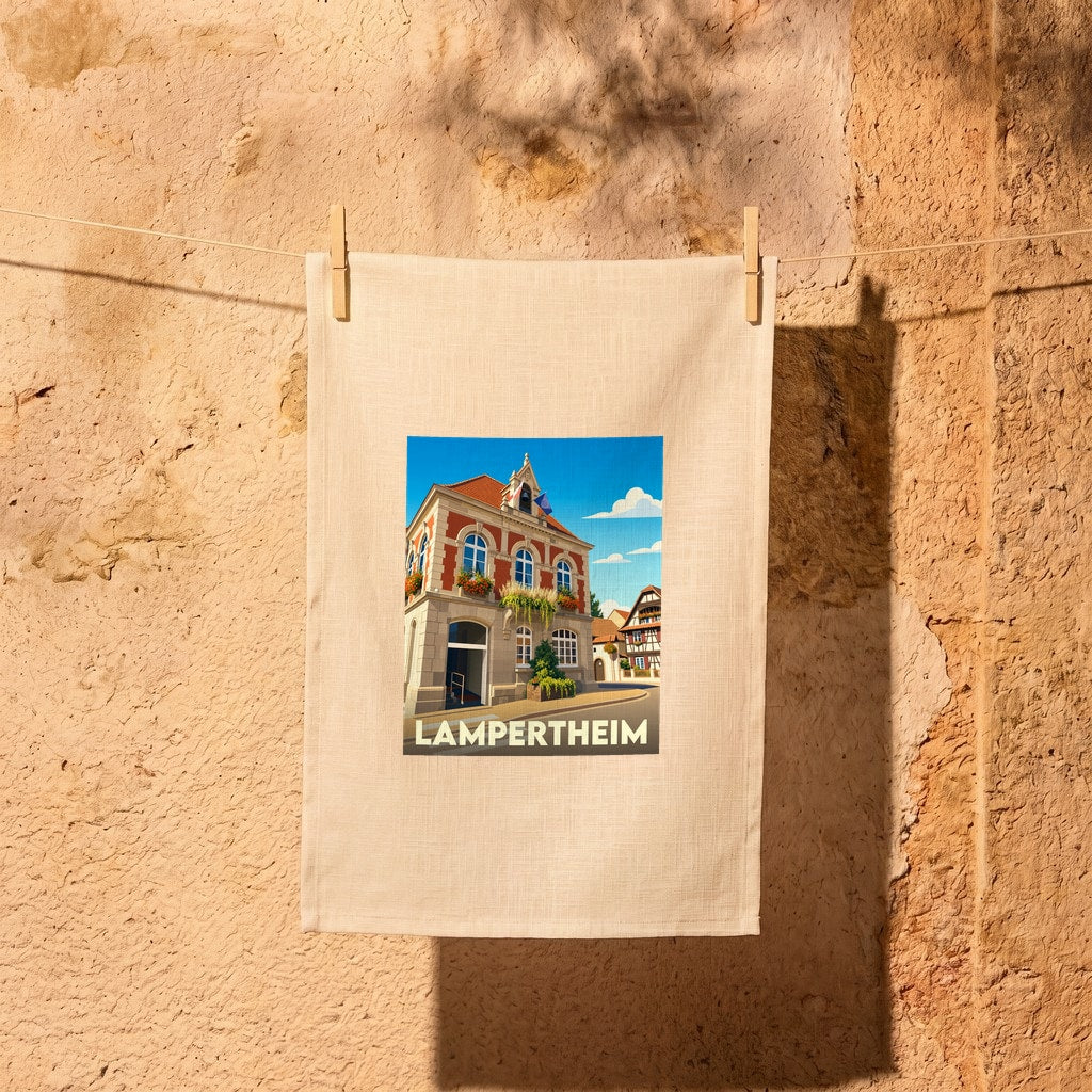 Torchon souvenir de la ville de Lampertheim avec une illustration stylisée de son architecture.