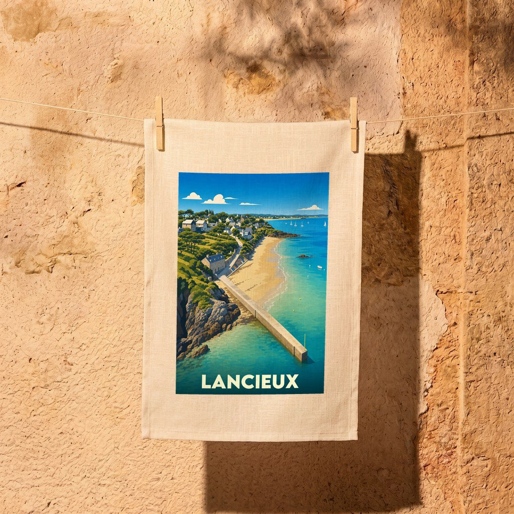 Torchon souvenir de la ville de Lancieux avec une illustration stylisée d'un paysage côtier.