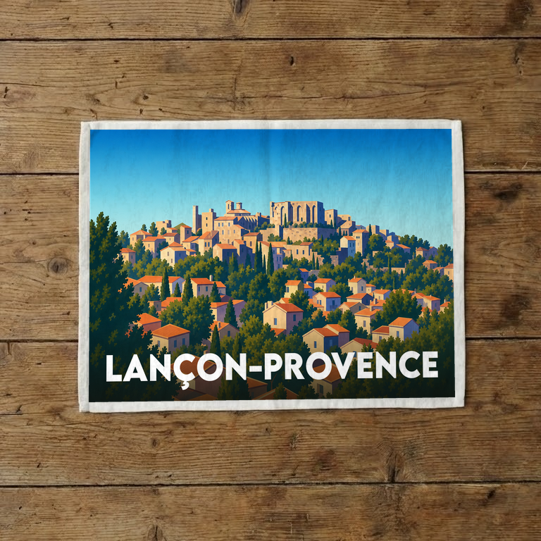Torchon souvenir de la ville de Lançon-Provence avec une illustration stylisée d'un village perché.