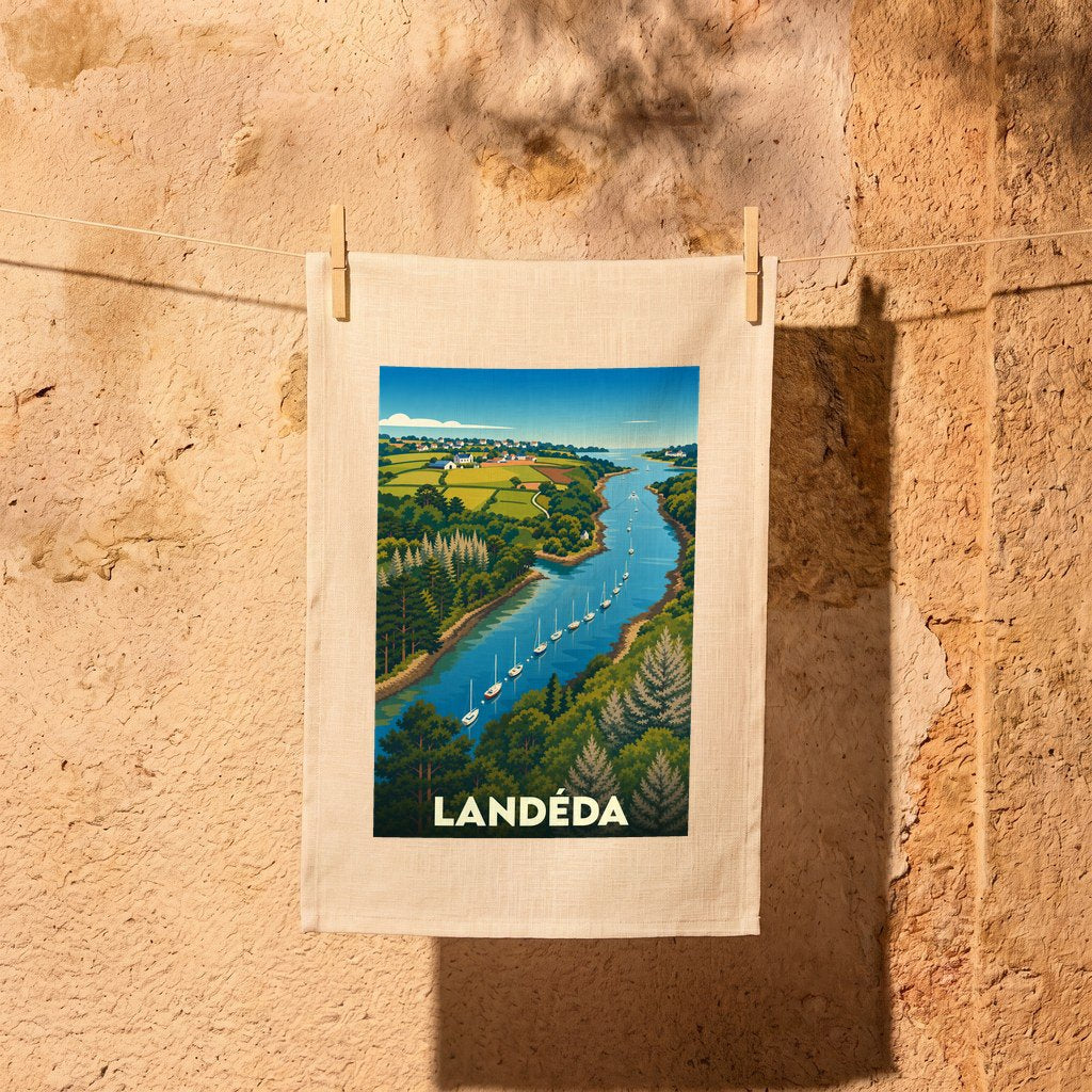 Torchon souvenir de la ville de Landéda illustré par un paysage côtier stylisé.