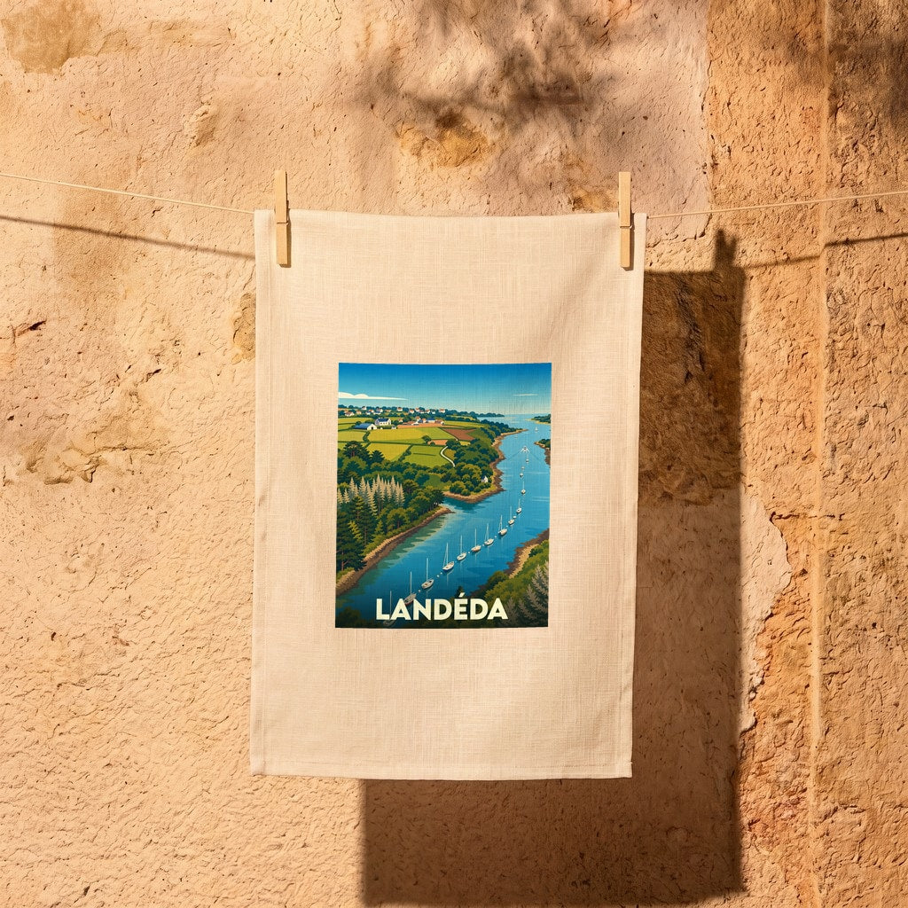 Torchon souvenir de la ville de Landéda illustré par un paysage côtier stylisé.