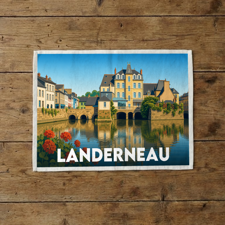 Torchon souvenir de la ville de Landerneau avec une illustration stylisée de ses bâtiments emblématiques au bord de l'eau.