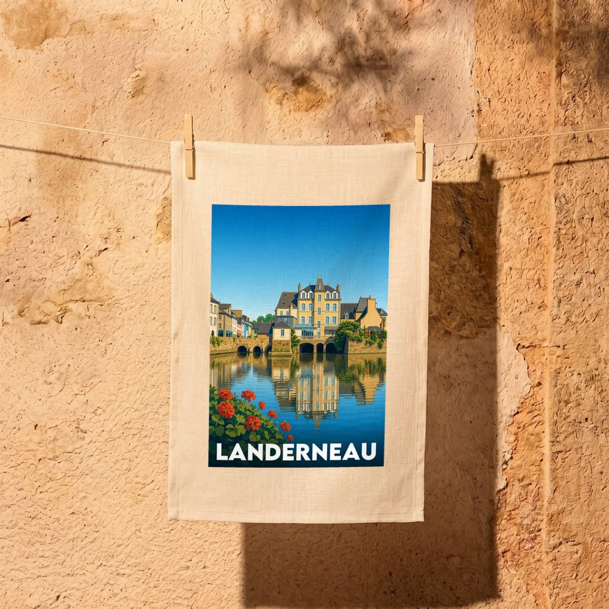 Torchon souvenir de la ville de Landerneau avec une illustration stylisée de ses bâtiments emblématiques au bord de l'eau.