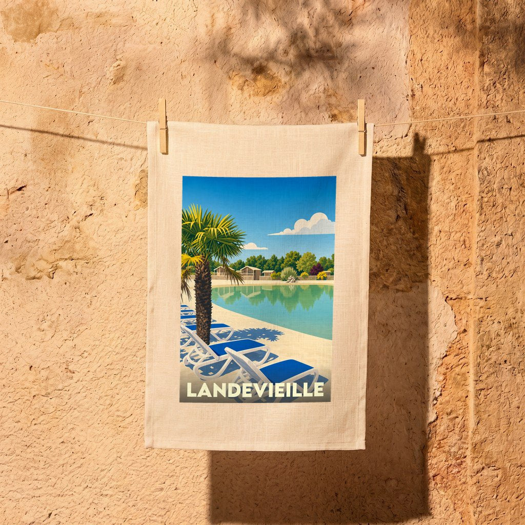 Torchon souvenir de la ville de Landevieille orné d'une illustration stylisée de piscine et de palmiers.