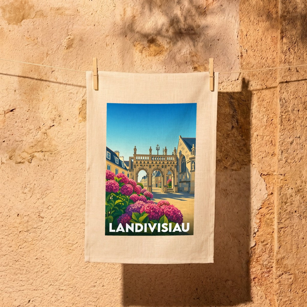 Torchon souvenir de la ville de Landivisiau avec une illustration stylisée d'un porche breton et d'hortensias.