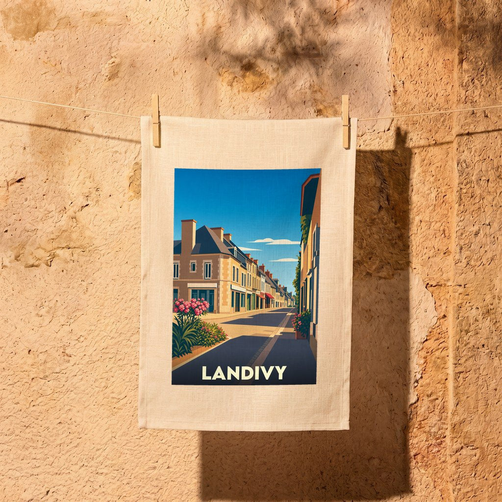 Torchon souvenir de la ville de Landivy avec une illustration stylisée d'une rue ensoleillée.