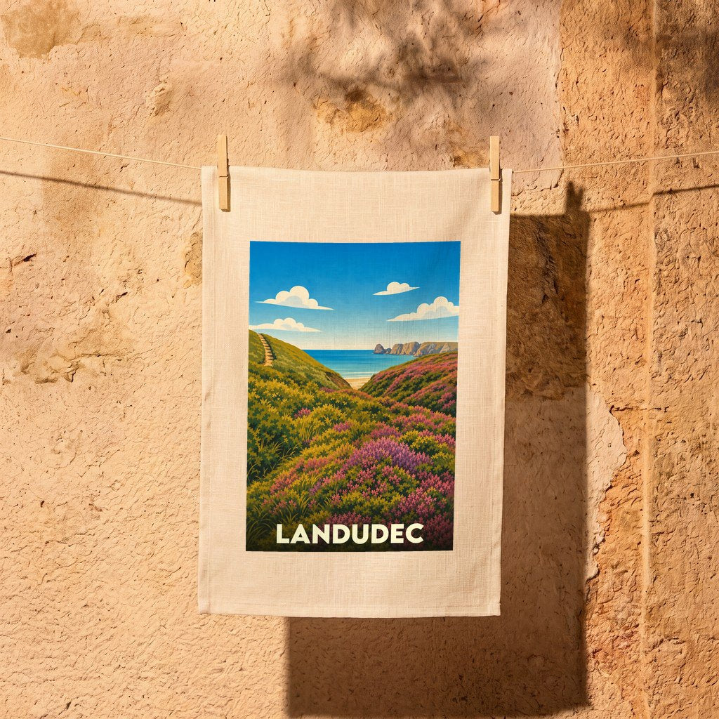 Torchon souvenir de la ville de Landudec avec une illustration stylisée de paysage côtier fleuri.