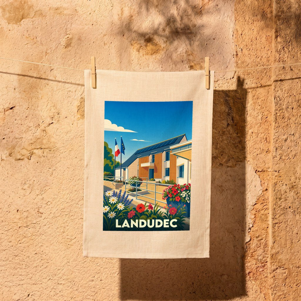 Torchon souvenir de la ville de Landudec avec une illustration stylisée et fleurie.