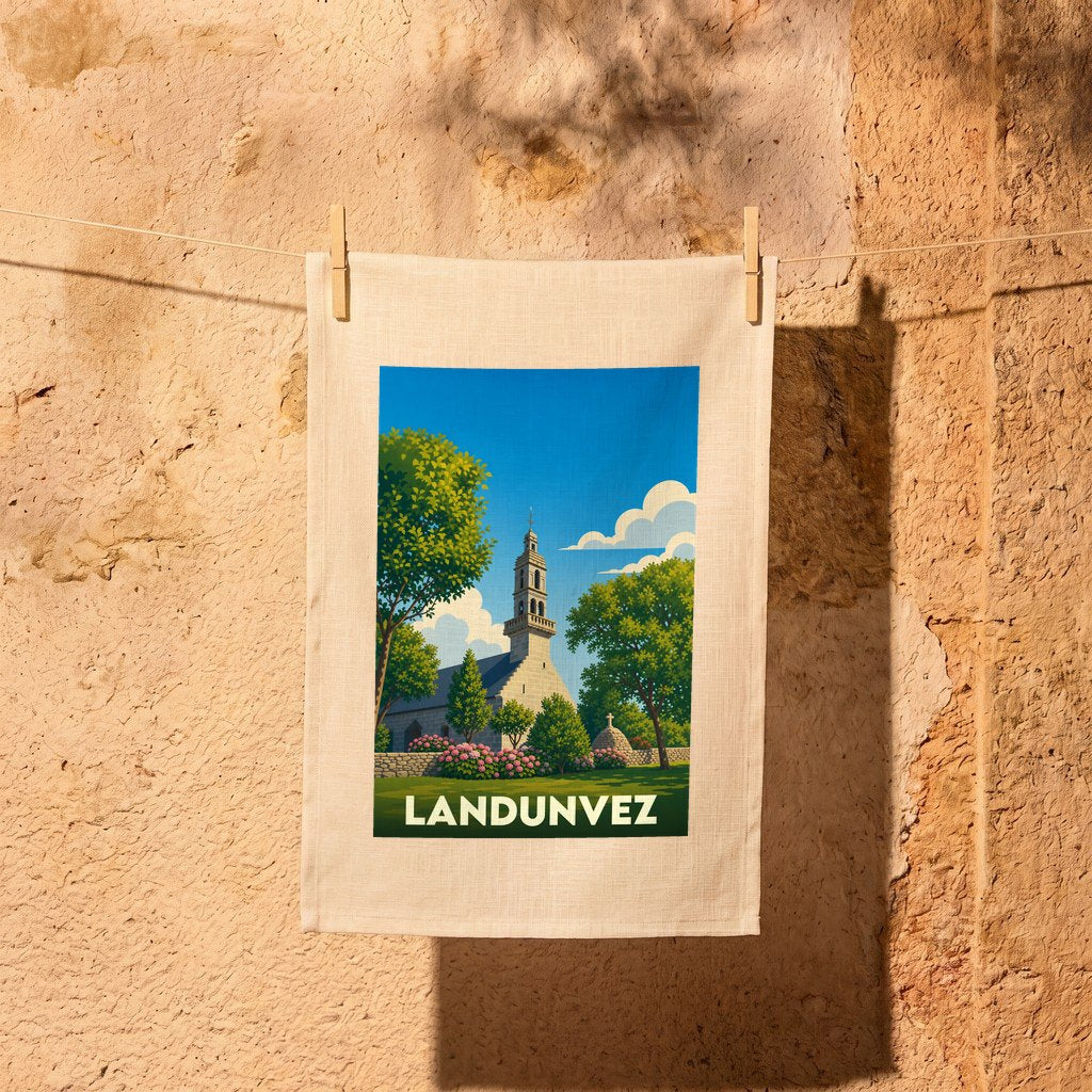 Torchon souvenir de la ville de Landunvez orné d'une illustration stylisée de son église et de sa végétation.